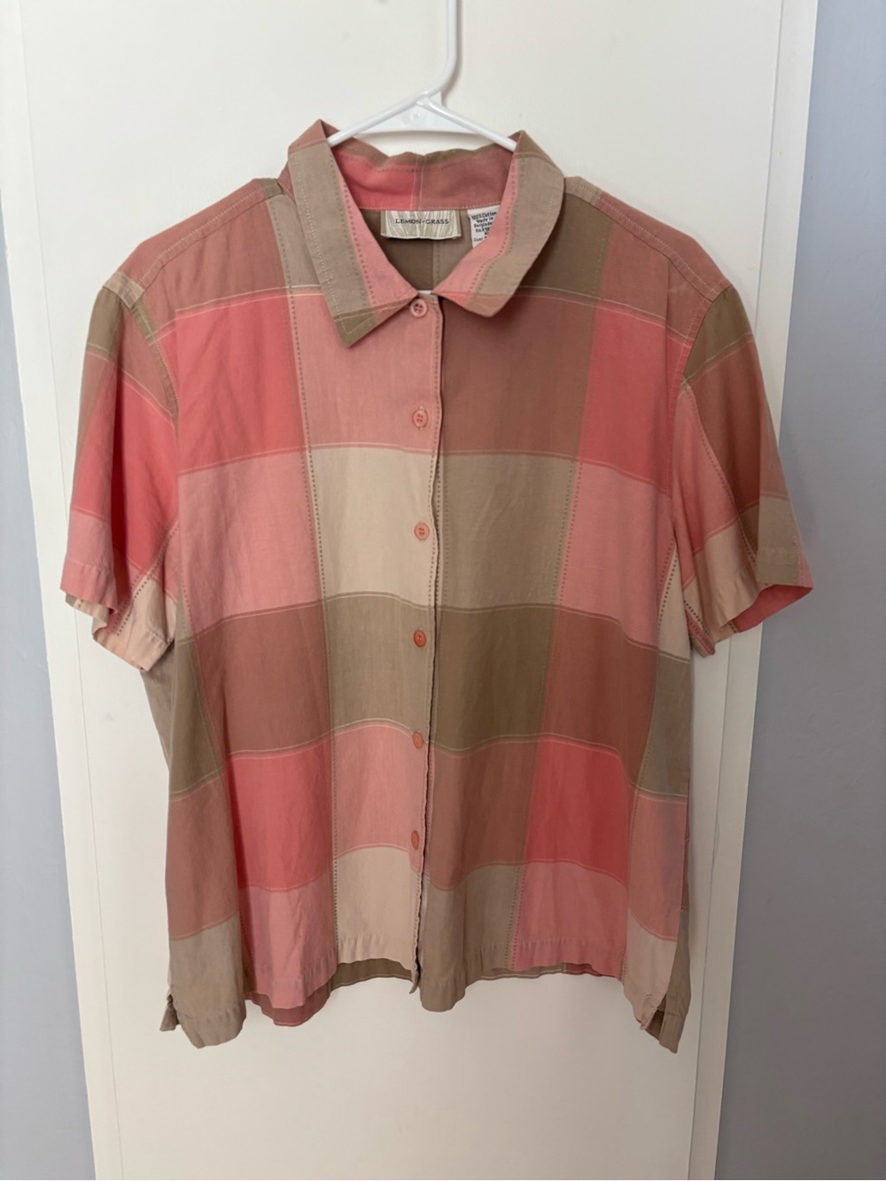 Vintage 100% Cotton Button Down Plaid Short Sleeve - Coral & Beige
